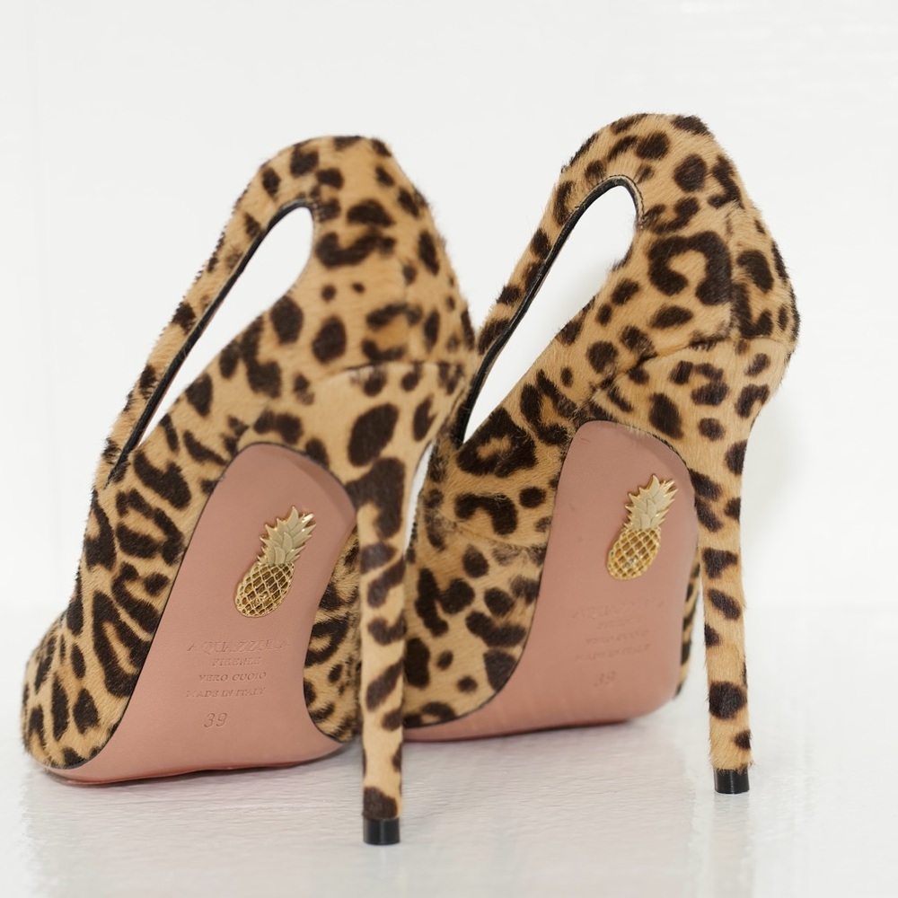 Aquazzura Sheeva Leopard Natural Pony Hair Print Cut-Out Heels 105mm Size 39 NEW - Picture 8 of 16